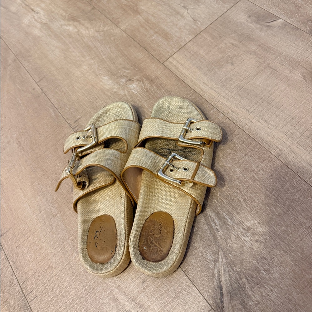 J. Crew Beige Linen Double-Buckle Slides